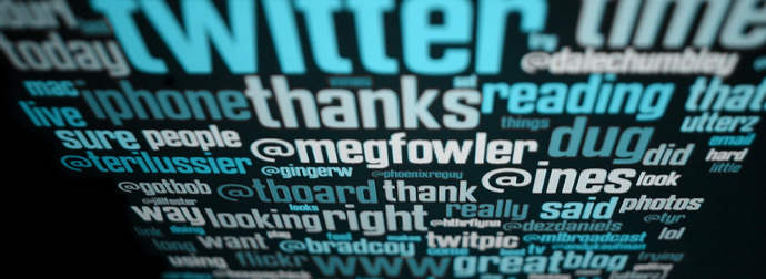 A word cloud with various terms associated with Twitter, including mentions of users and common words like 'thanks,' 'reading,' and 'live.' The word 'Twitter' is the most prominent in the center.