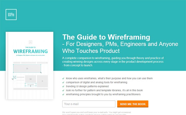 Webpage offering 'The Guide to Wireframing' with bullet points on content, an email sign-up field, and a 'SEND ME THE BOOK' button.