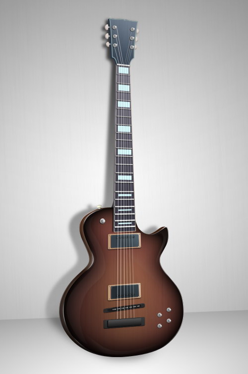 Brown sunburst electric guitar with two humbucker pickups, four control knobs, and block inlay fretboard.