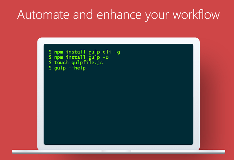 Illustration of a computer terminal with commands for installing and using Gulp, a JavaScript task runner, with the heading 'Automate and enhance your workflow'.