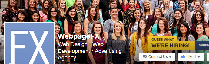 A group of smiling people in a team photo with a 'WebpageFX' logo and text indicating the company's services in web design, development, and advertising. A 'We're Hiring' banner is also visible, alongside social media interface elements.