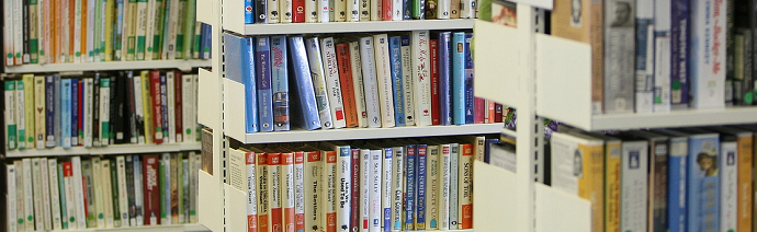 Close-up of white bookshelves filled with a variety of colorful books, neatly arranged and categorized.