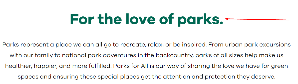 A red arrow pointing towards a header called "For the Love of parks"