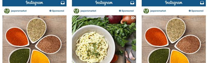 Three sponsored Instagram posts by jaspersmarket, featuring a circular tray with colorful spices in the first and third panels, and a bowl of pasta garnished with herbs in the middle panel.