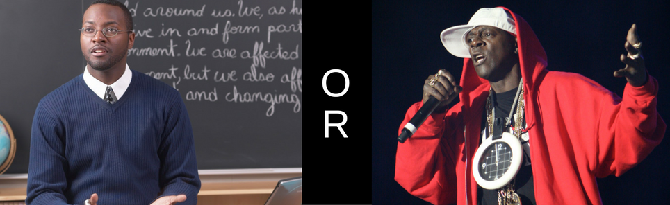 On the left, a man dressed as a teacher stands in front of a chalkboard. On the right, a man in a red hoodie and cap performs with a microphone on stage.