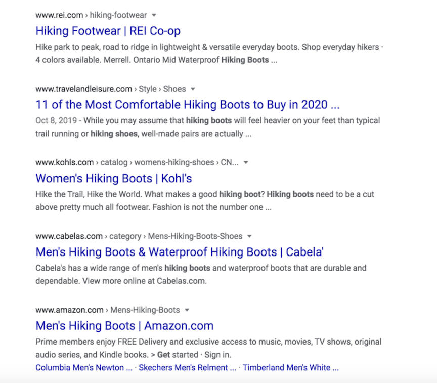 Google SERP for hiking boots