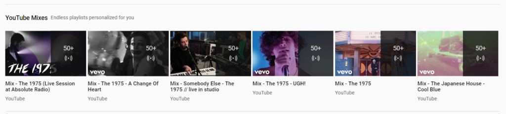 A series of YouTube Mix thumbnails featuring the band The 1975 in various live sessions and music videos, and one thumbnail for The Japanese House's song 'Cool Blue'.