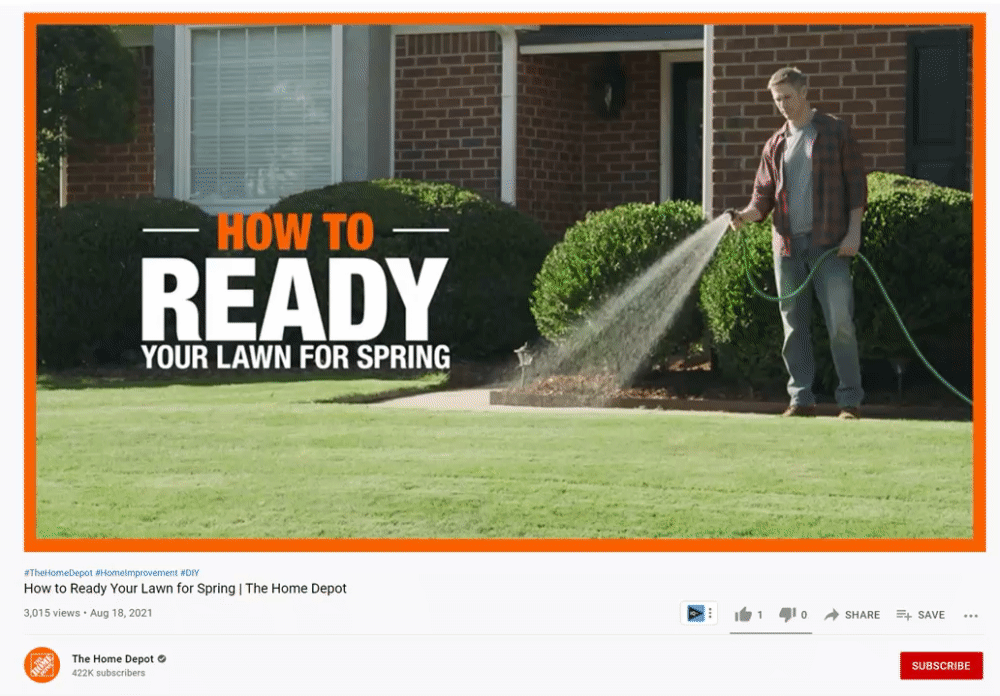 A gif of a cursor clicking on a YouTube Card at the corner of a Home Depot video about lawn care