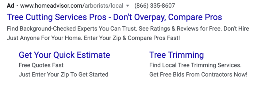 homeadvisor tree cutting ppc ad