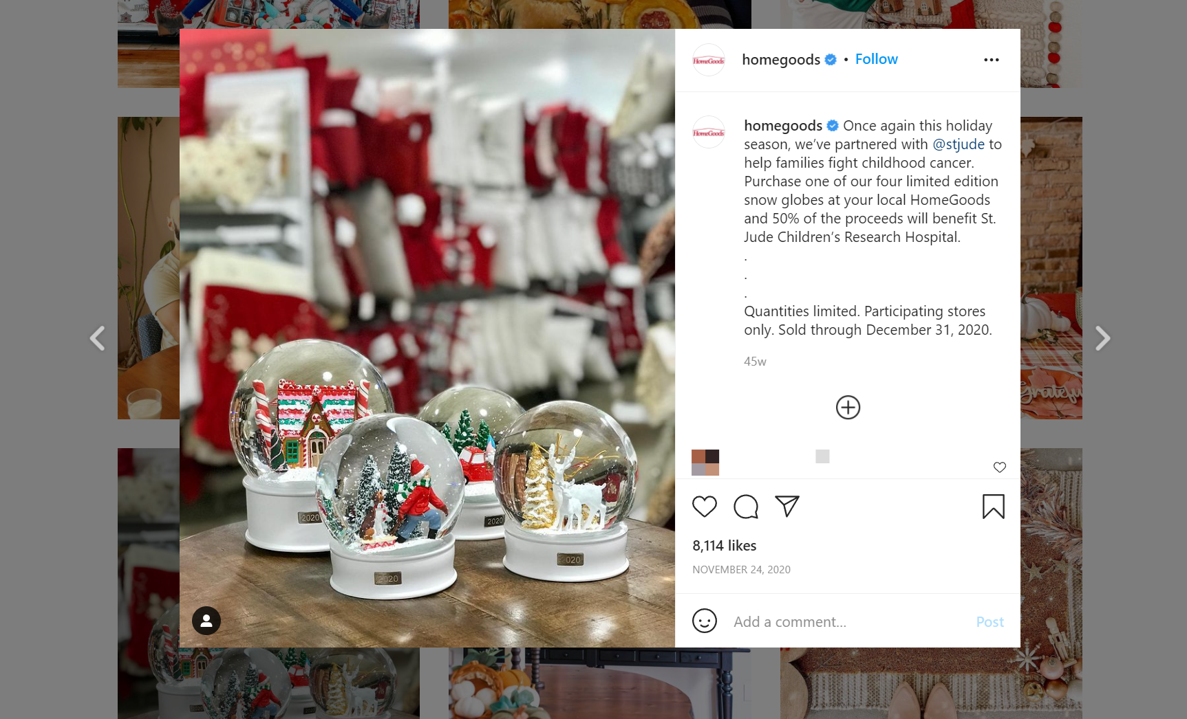 A HomeGoods Instagram post featuring several winter-themed snowglobes