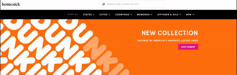 Screenshot of the Homesick website featuring a new collection advertisement inspired by America's favorite coffee shop with a vibrant orange background and a 'Shop Dunkin'' button.