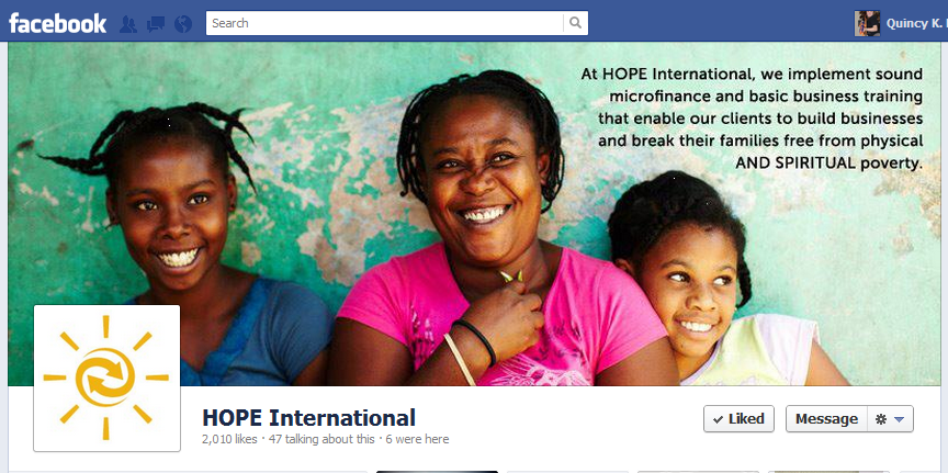 Three joyful individuals posing for a photo with a blue wall in the background, representing a family supported by HOPE International, which is featured in a Facebook page overlay with likes and activity information.