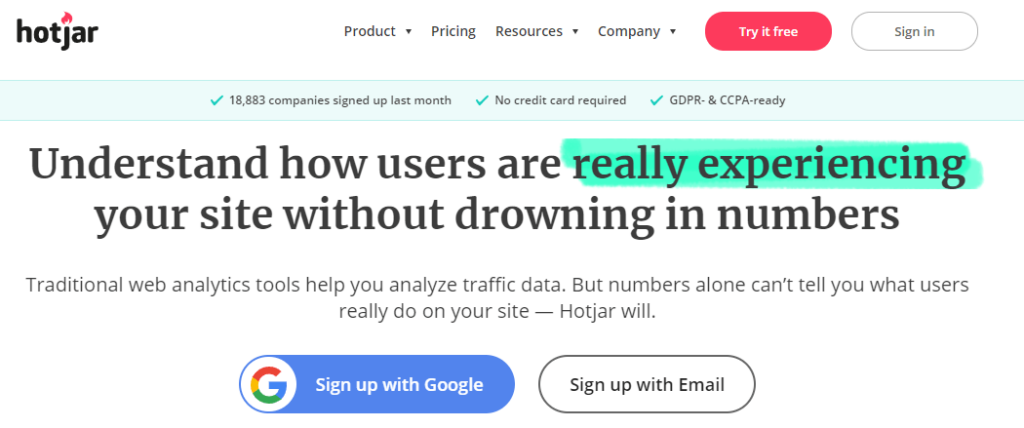 Hotjar website page promoting user experience insights without drowning in numbers, with sign-up options and status indicators.