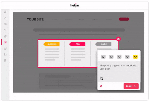 Illustration of a website feedback tool by Hotjar showing a pricing page with 'BUSINESS' and 'PRO' options and a feedback pop-up with a positive comment and sentiment emojis.