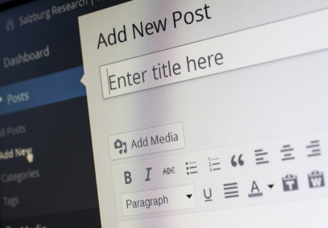 Close-up of a content management system interface for adding a new post with a title text box and formatting toolbar.