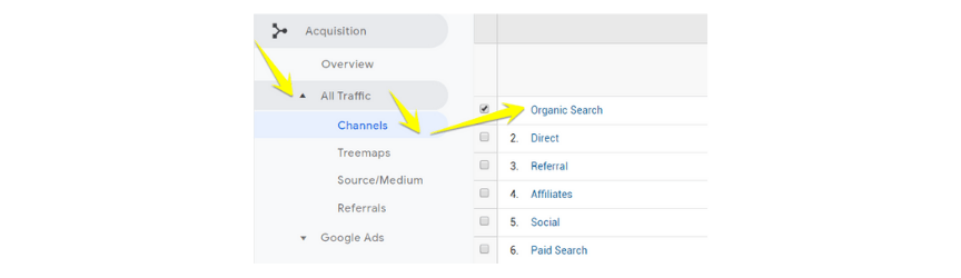 A screenshot of how to view organic search in Google Analytics