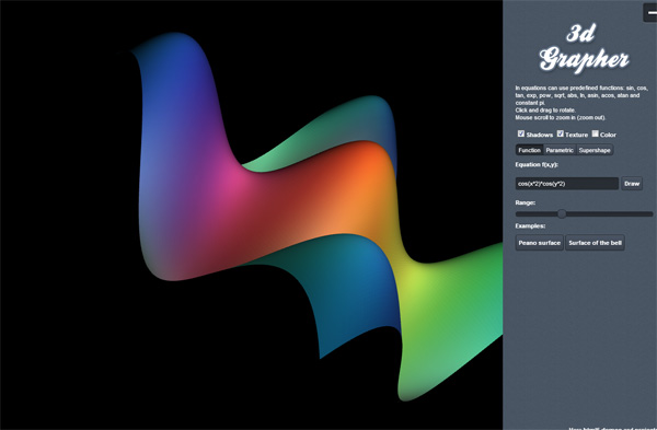 HTML5 canvas demo/example/experiment: 3D Grapher