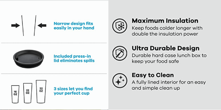 Features of two products. Left: A narrow design cup that fits in hand, with a press-in lid to prevent spills, available in three sizes (16, 22, 32 oz). Right: A lunch box with maximum insulation, ultra-durable design, and easy-to-clean lined interior.