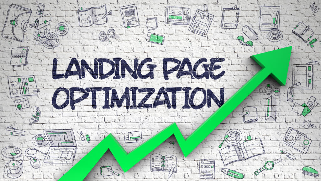 Landing Page Optimization on Modern Illustation. with Green Arrow and Hand Drawn Icons Around. Landing Page Optimization Drawn on White Brick Wall. Illustration with Doodle Design Icons. 3D.