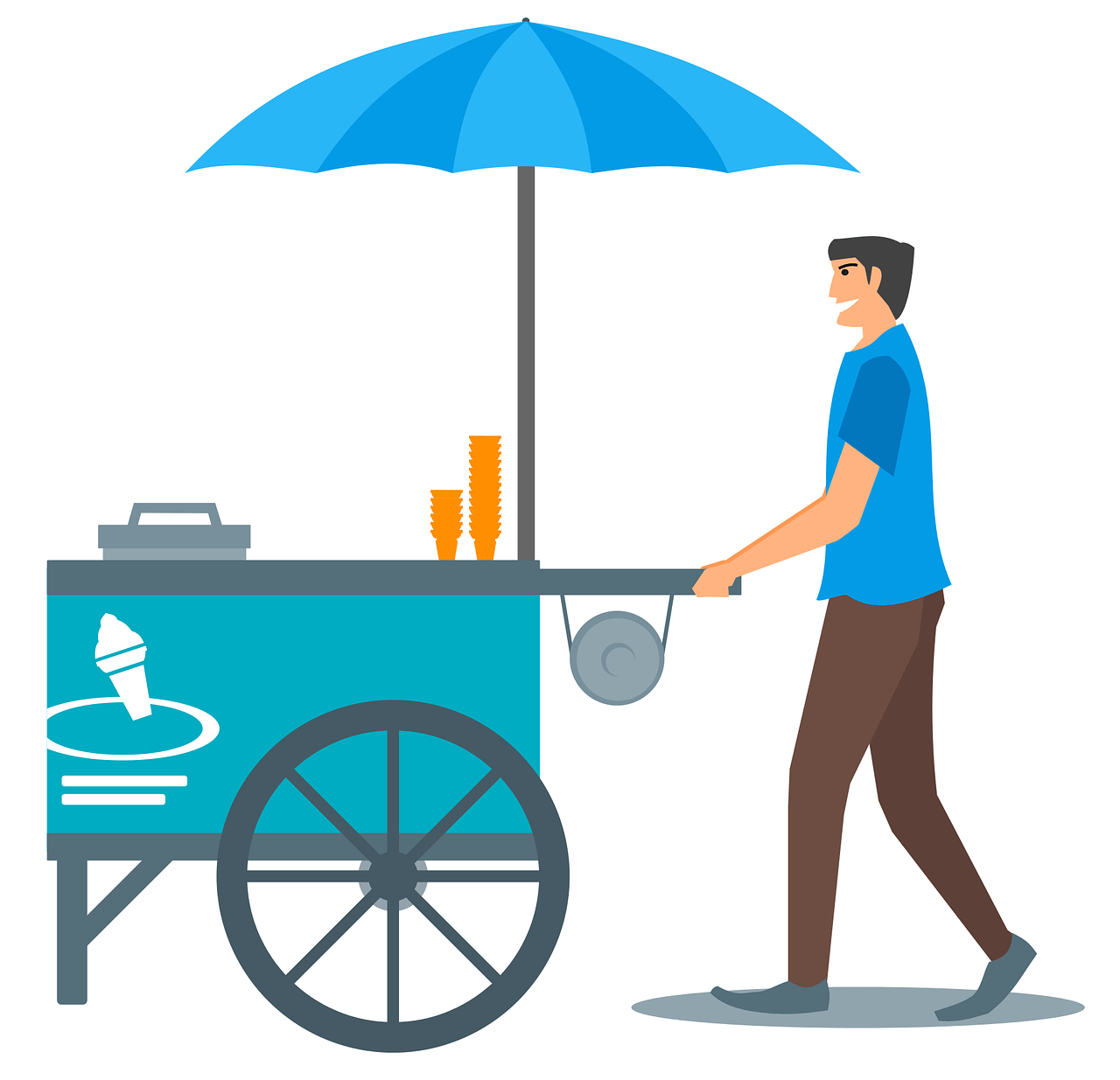 A man pushes a blue ice cream cart with a big blue umbrella 