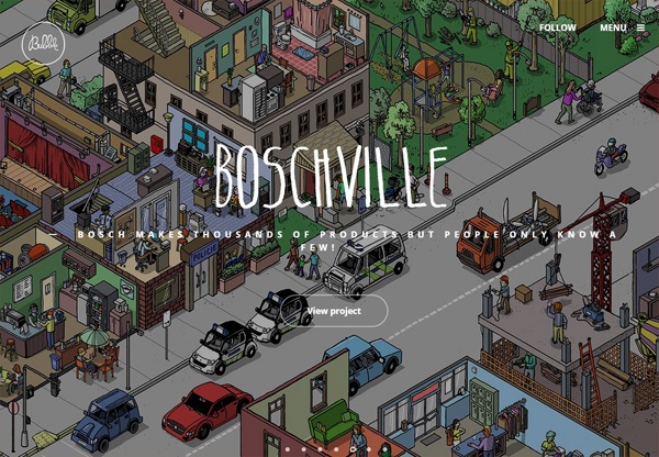 Illustration of a busy city scene titled 'BOSCHVILLE' with buildings, people, and vehicles, highlighting the variety of products made by Bosch, with interactive website buttons for 'FOLLOW,' 'MENU,' and 'View project.'