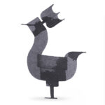 Stylized abstract illustration of a rooster made from geometric shapes in shades of gray.