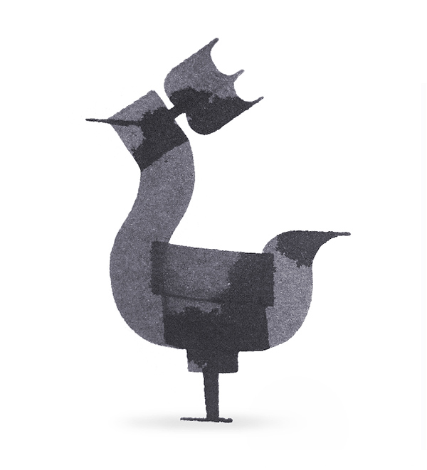 Stylized abstract illustration of a rooster made from geometric shapes in shades of gray.