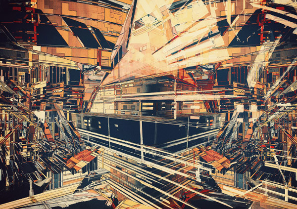 Abstract and stylized depiction of a fragmented urban environment with geometric shapes in shades of brown, tan, orange, with white and blue highlights.