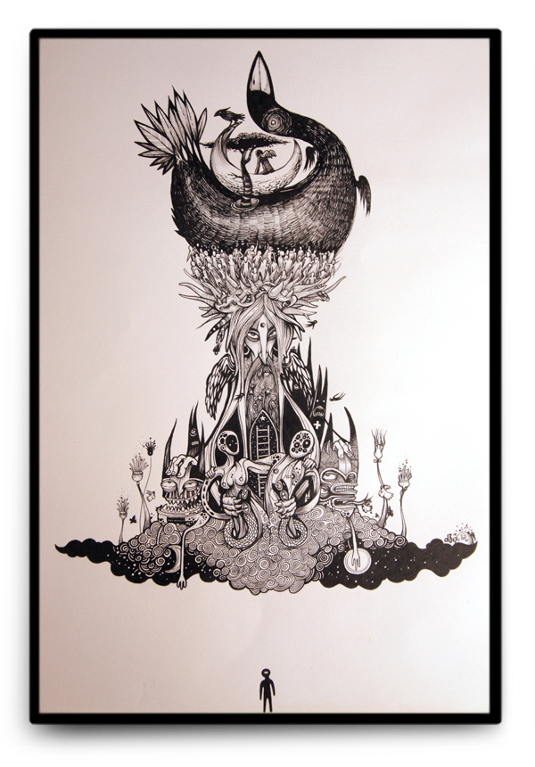 A black and white surreal illustration featuring a small human silhouette at the bottom gazing at a complex structure with a looping bird-like creature at the top, a large flower at the base, and various abstract and organic shapes in between.