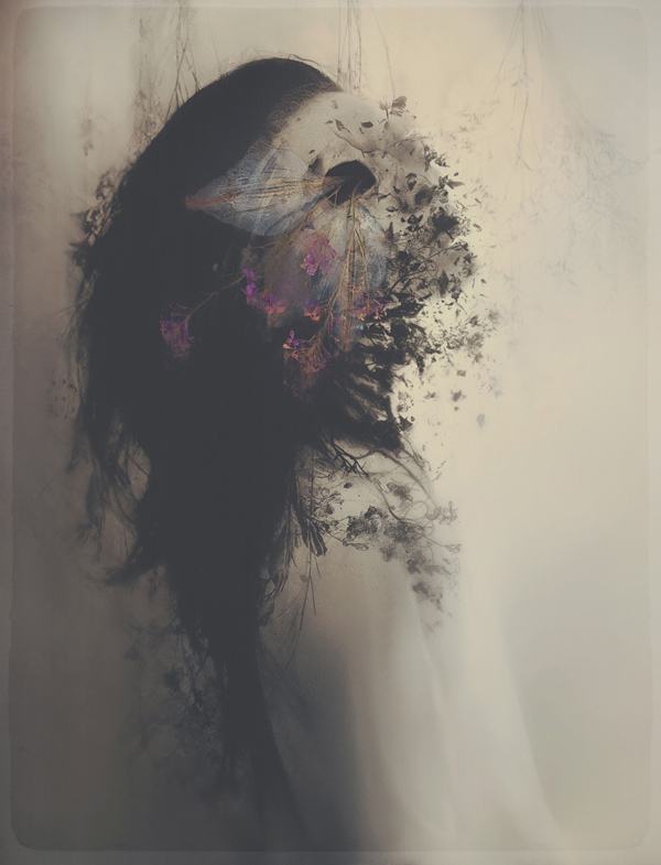 Artistic side profile of a person's head with a dissolving effect into floral elements and a smoky background, in muted colors.