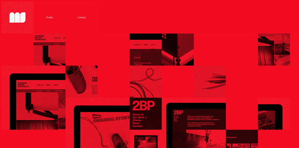 A monochromatic red collage featuring a variety of graphic design elements, abstract shapes, and snippets of text, representing a creative portfolio layout with sections for profile and contact information.