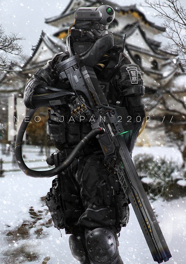 Futuristic armored soldier with a single green eye sensor, equipped with high-tech gear and a rifle, stands in a snowy landscape with a traditional Japanese building in the background. The text 'NEO JAPAN 2202' is overlaid on the image.