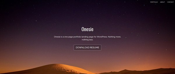 Night sky with stars over a desert dune with overlay text for 'Onesie' WordPress portfolio landing page and a 'DOWNLOAD RESUME' button, along with navigation links for portfolio, about, and contact.