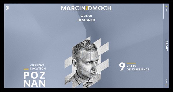 Screenshot of Marcin Dmoch's personal portfolio website featuring a stylized fragmented portrait in the center, with text indicating his role as a Web/UI Designer, current location in Poznan, and 9 years of experience. The design is modern with a gray and yellow color scheme.