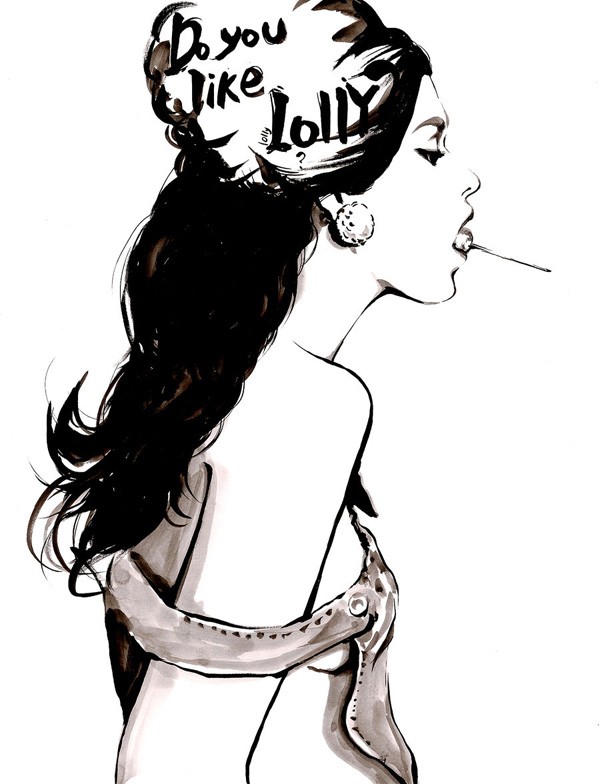 Black and white illustration of a woman in profile with a high ponytail and a lollipop in her mouth, featuring the handwritten text 'Do you like lolly' across her hair.