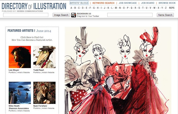 Screenshot of the Directory of Illustration website featuring a navigation bar and a section for Featured Artists of June 2014 with thumbnail images of artwork by Lee Moyer, Todd Pearl, Mike Heath, and Ryan Forshaw. The main artwork displayed shows fashion illustrations of elegant female figures in stylish dresses.