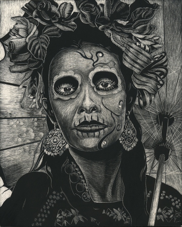 Monochromatic artwork of a person with 'Day of the Dead' sugar skull makeup, featuring hollowed-out eyes, decorative facial patterns, ornate earrings, and a floral headpiece.