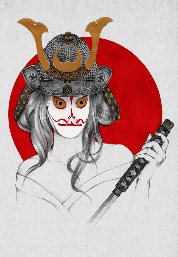 Artistic illustration of a figure in traditional Japanese attire, featuring a kabuki mask with red and white face paint, a detailed samurai helmet with horns, and holding a katana hilt, set against a bold red circle background.