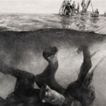 Monochromatic illustration of underwater human figures appearing to struggle beneath the waves, with a small boat and its occupants visible above the surface, suggesting a rescue attempt.