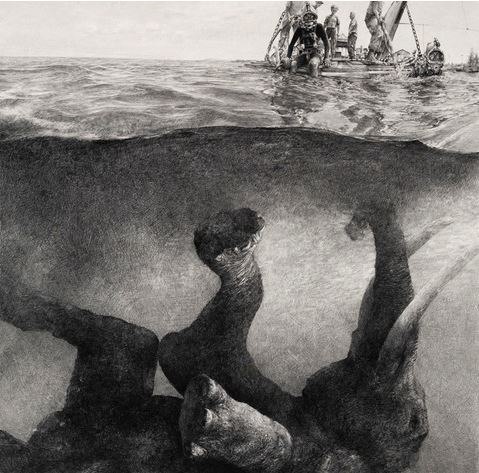 Monochromatic illustration of underwater human figures appearing to struggle beneath the waves, with a small boat and its occupants visible above the surface, suggesting a rescue attempt.