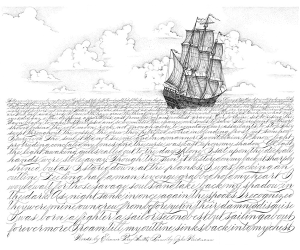 Pencil sketch of a tall ship sailing on a sea made of cursive handwriting with clouds in the sky.