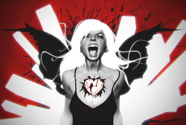 Stylized image of a woman screaming with grayscale skin, surrounded by black broken wing-like shapes and a graphic of a ripped heart with red splatter effects, conveying intense emotion.