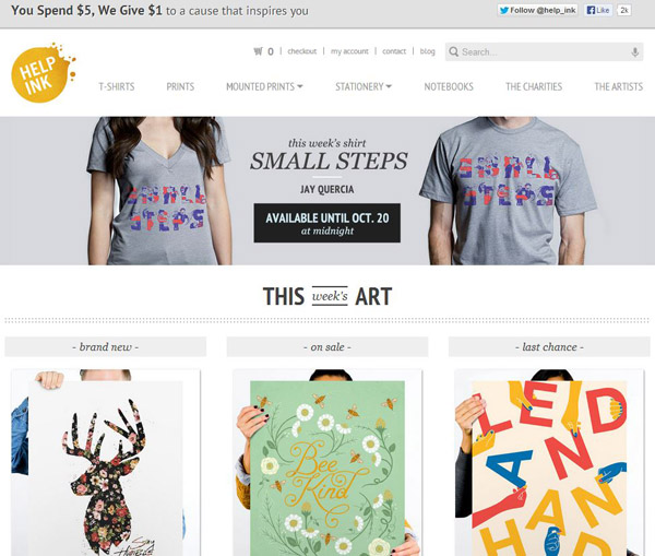 Screenshot of Help Ink's webpage featuring a banner promoting a donation with purchase, t-shirts with 'SMALL STEPS' design, and various art prints including a patterned deer, a 'Bee Kind' floral design, and a 'LEAD AN HAND' colorful print.