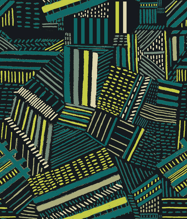 Abstract geometric pattern with overlapping rectangles and parallelograms in shades of green, yellow, and blue with hatched and dotted textures.