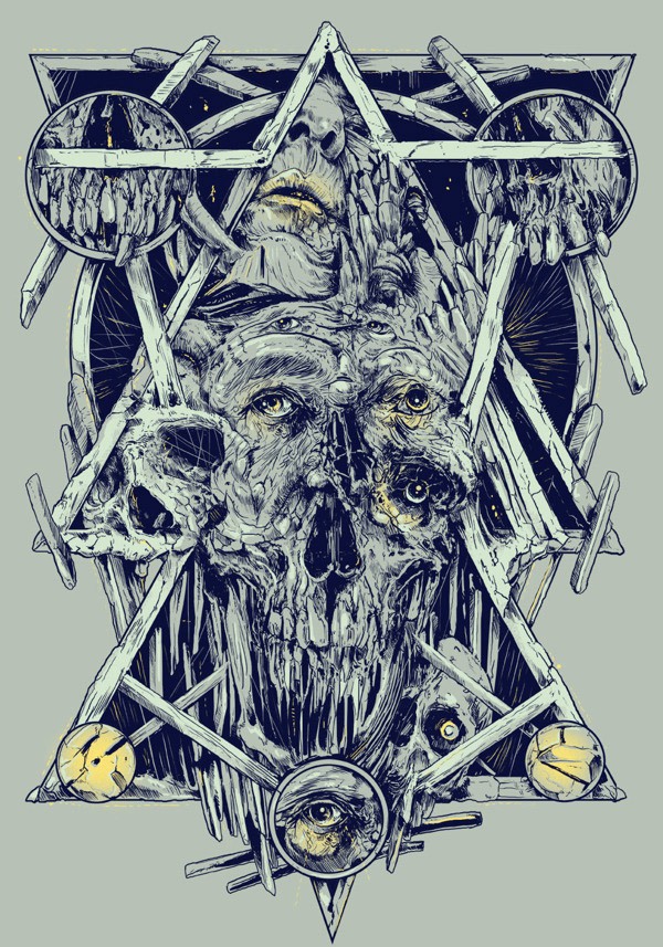 A gothic illustration featuring a central human skull surrounded by additional skulls, human eyes, and bones, all interwoven with geometric shapes including a prominent triangle with a central circle, in a limited blue, yellow, and white color palette.