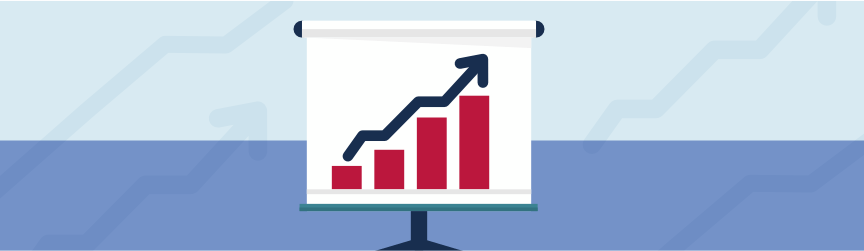 Bar chart on a stand showing a positive trend with four bars increasing in height and an upward trending line, against a blue gradient background.