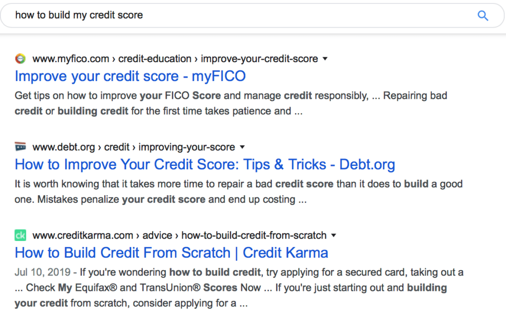 Screenshot of a web browser displaying search results for 'how to build my credit score' with links to myFICO, Debt.org, and Credit Karma websites.