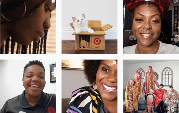 A collage of six photos: a woman with braided hair, a white kitten in a box, a smiling woman with red hair, a woman in a logo shirt, a woman with curly hair in a colorful blouse, and a group in hot dog costumes.