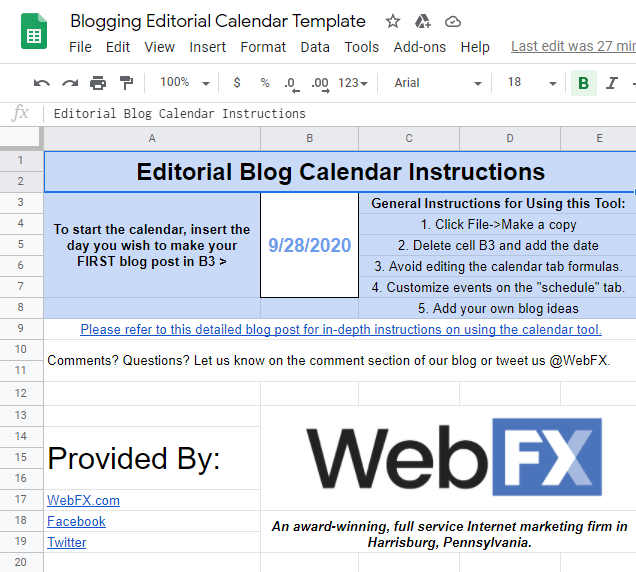 instructions to the editorial calendar