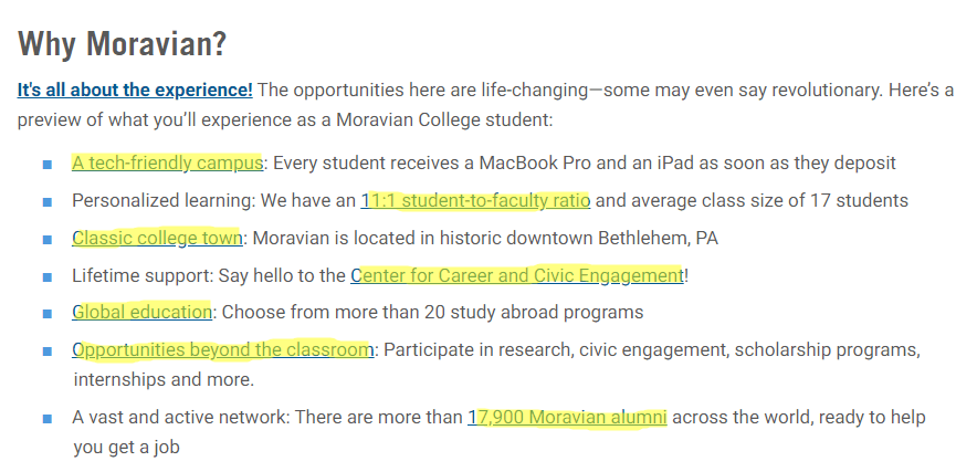 Webpage section listing reasons to attend Moravian College, including tech-friendly campus, personalized learning, classic college town location, lifetime support, global education, classroom opportunities, and a large alumni network.